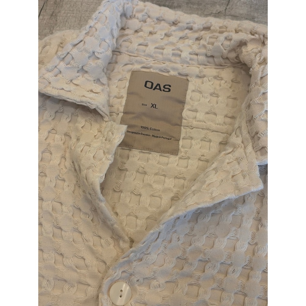 OAS Mens XL Waffle Weave Cotton Short Sleeve Button Down Shirt Cream Portugal